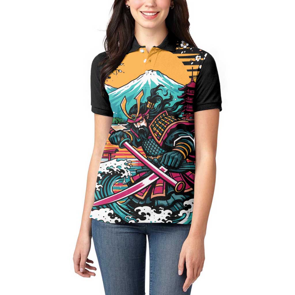 Japanese Samurai Warrior Mount Fuji Women Polo Shirt Katana Japanese Wave Cherry Blossom Art