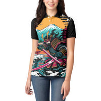 Japanese Samurai Warrior Mount Fuji Women Polo Shirt Katana Japanese Wave Cherry Blossom Art