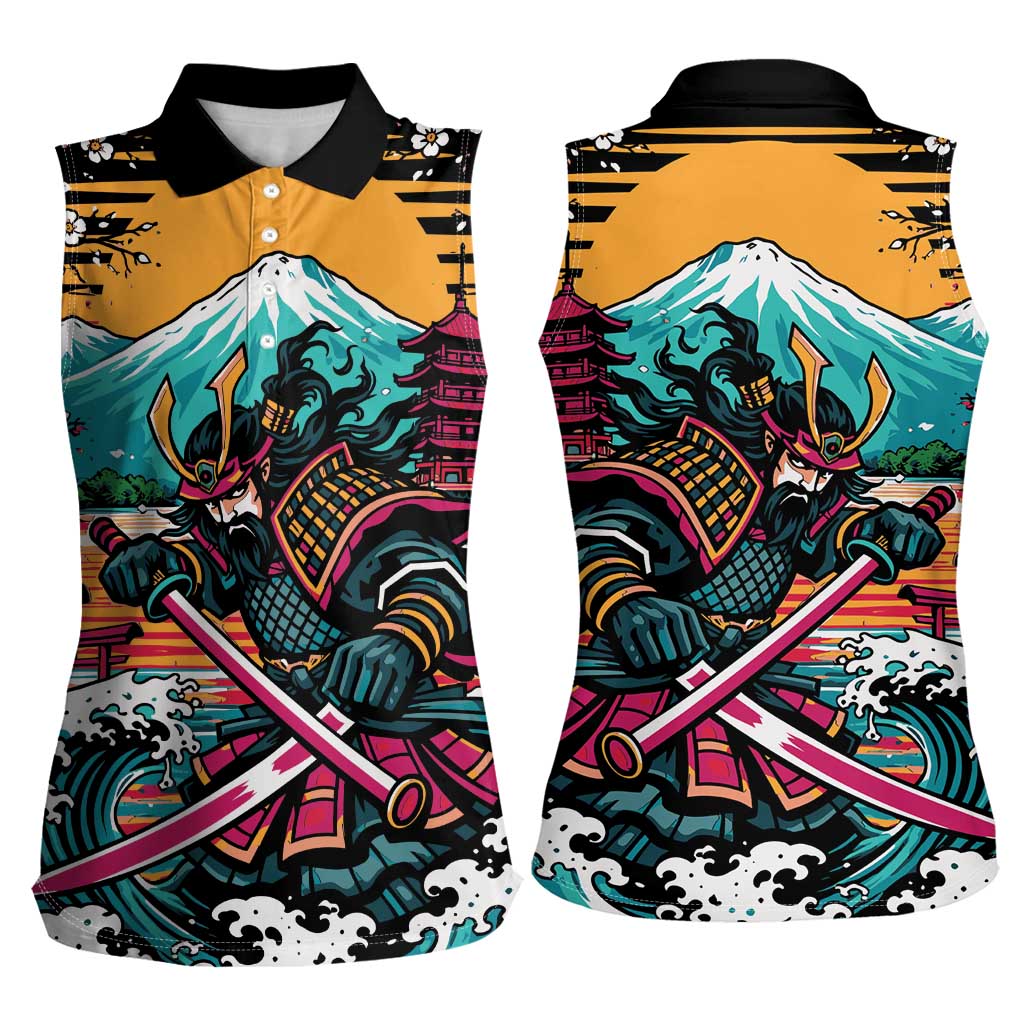 Japanese Samurai Warrior Mount Fuji Women Sleeveless Polo Shirt Katana Japanese Wave Cherry Blossom Art