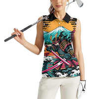Japanese Samurai Warrior Mount Fuji Women Sleeveless Polo Shirt Katana Japanese Wave Cherry Blossom Art