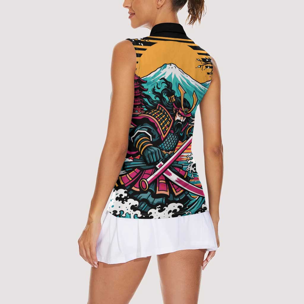 Japanese Samurai Warrior Mount Fuji Women Sleeveless Polo Shirt Katana Japanese Wave Cherry Blossom Art