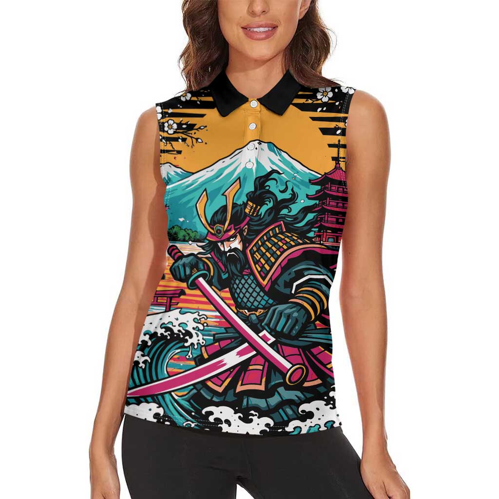 Japanese Samurai Warrior Mount Fuji Women Sleeveless Polo Shirt Katana Japanese Wave Cherry Blossom Art