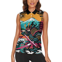 Japanese Samurai Warrior Mount Fuji Women Sleeveless Polo Shirt Katana Japanese Wave Cherry Blossom Art
