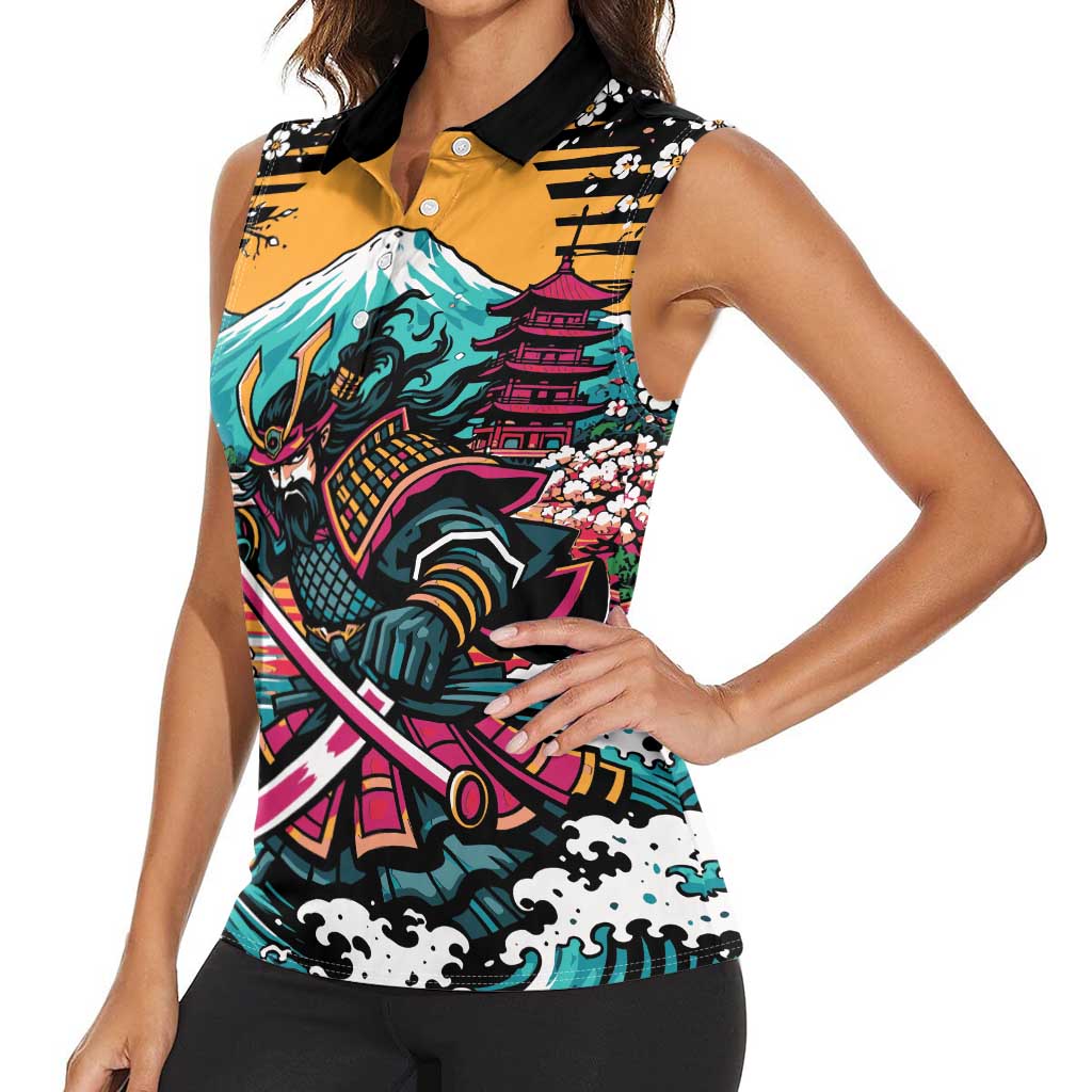 Japanese Samurai Warrior Mount Fuji Women Sleeveless Polo Shirt Katana Japanese Wave Cherry Blossom Art