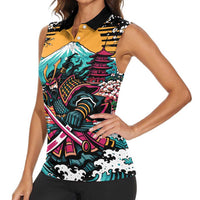 Japanese Samurai Warrior Mount Fuji Women Sleeveless Polo Shirt Katana Japanese Wave Cherry Blossom Art
