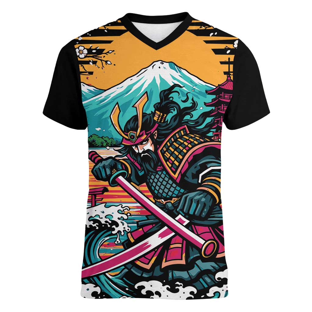 Japanese Samurai Warrior Mount Fuji Women V-Neck T-Shirt Katana Japanese Wave Cherry Blossom Art