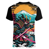Japanese Samurai Warrior Mount Fuji Women V-Neck T-Shirt Katana Japanese Wave Cherry Blossom Art