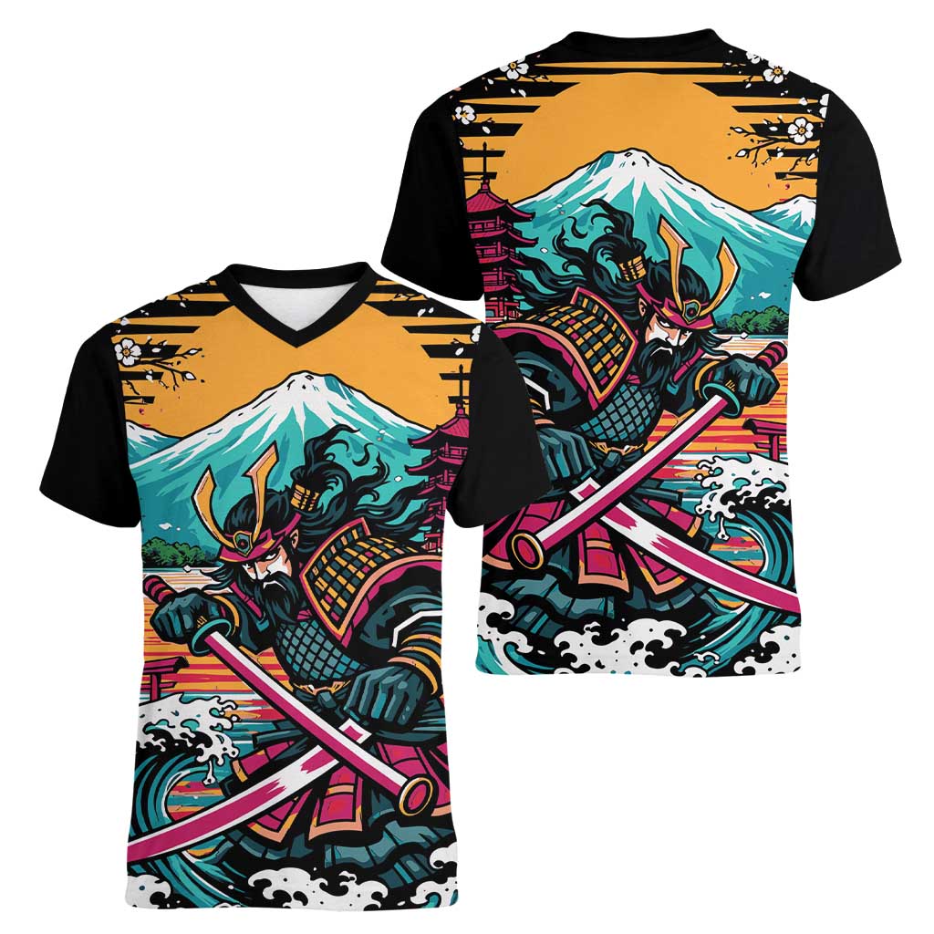 Japanese Samurai Warrior Mount Fuji Women V-Neck T-Shirt Katana Japanese Wave Cherry Blossom Art