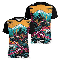 Japanese Samurai Warrior Mount Fuji Women V-Neck T-Shirt Katana Japanese Wave Cherry Blossom Art