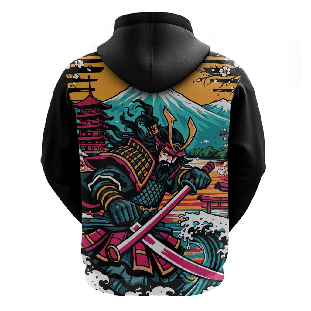 Japanese Samurai Warrior Mount Fuji Zip Hoodie Katana Japanese Wave Cherry Blossom Art