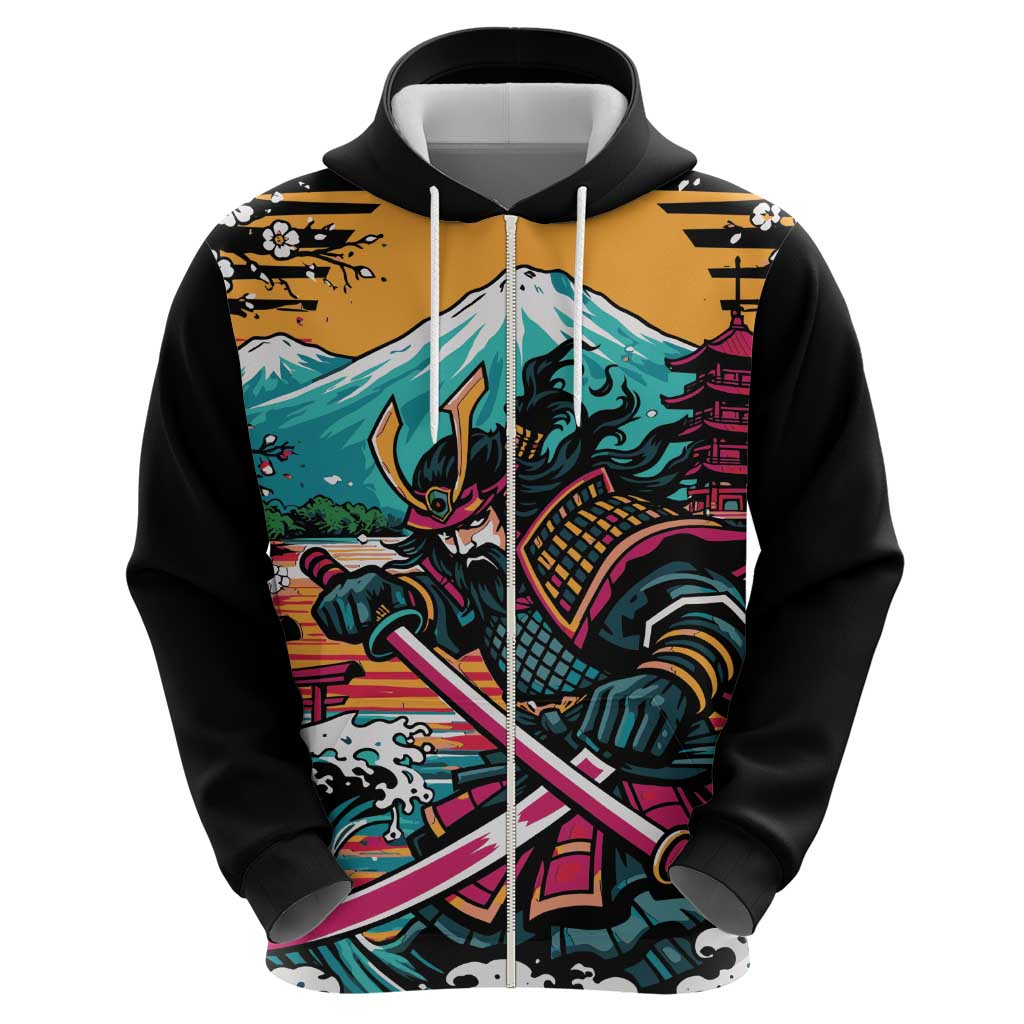 Japanese Samurai Warrior Mount Fuji Zip Hoodie Katana Japanese Wave Cherry Blossom Art