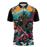 Japanese Samurai Warrior Mount Fuji Zipper Polo Shirt Katana Japanese Wave Cherry Blossom Art