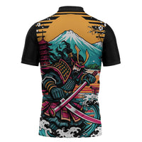 Japanese Samurai Warrior Mount Fuji Zipper Polo Shirt Katana Japanese Wave Cherry Blossom Art