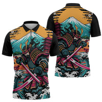 Japanese Samurai Warrior Mount Fuji Zipper Polo Shirt Katana Japanese Wave Cherry Blossom Art