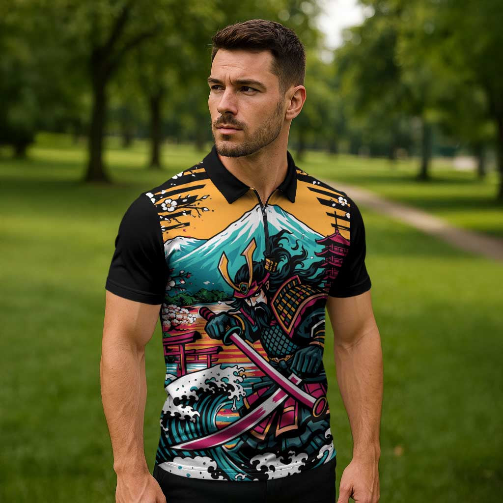 Japanese Samurai Warrior Mount Fuji Zipper Polo Shirt Katana Japanese Wave Cherry Blossom Art