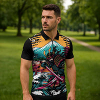 Japanese Samurai Warrior Mount Fuji Zipper Polo Shirt Katana Japanese Wave Cherry Blossom Art