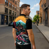 Japanese Samurai Warrior Mount Fuji Zipper Polo Shirt Katana Japanese Wave Cherry Blossom Art
