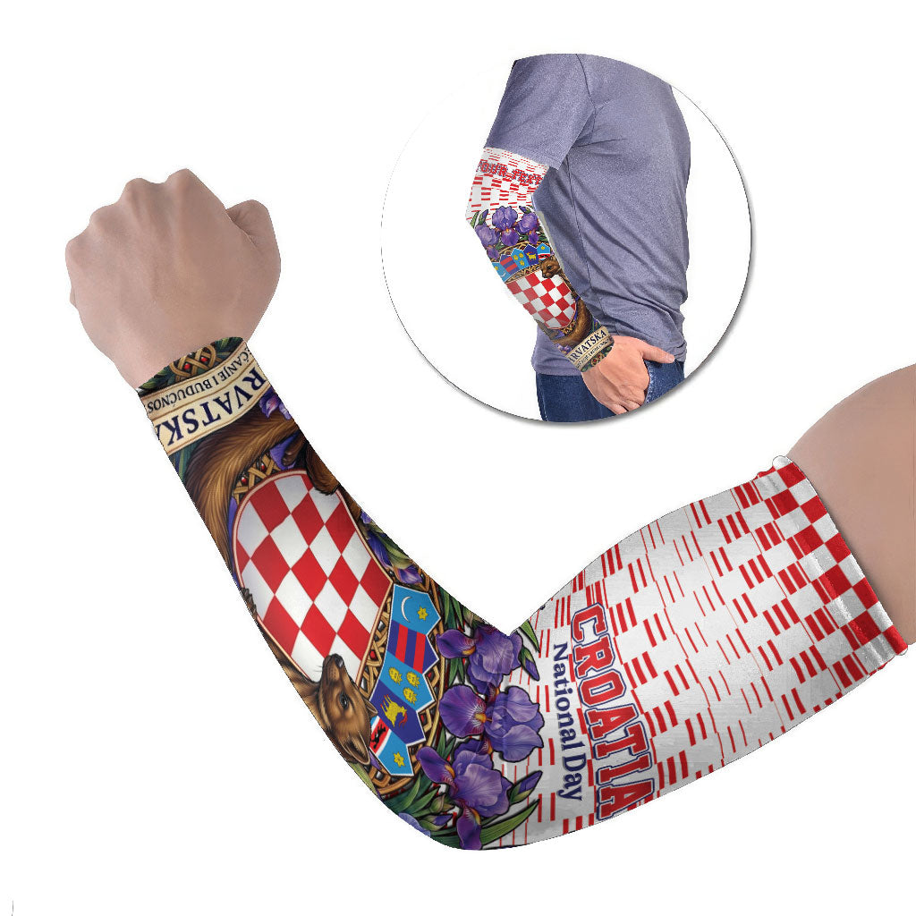 Personalized Croatia National Day Arm Sleeves Croatian Kuna Heritage Iris Floral