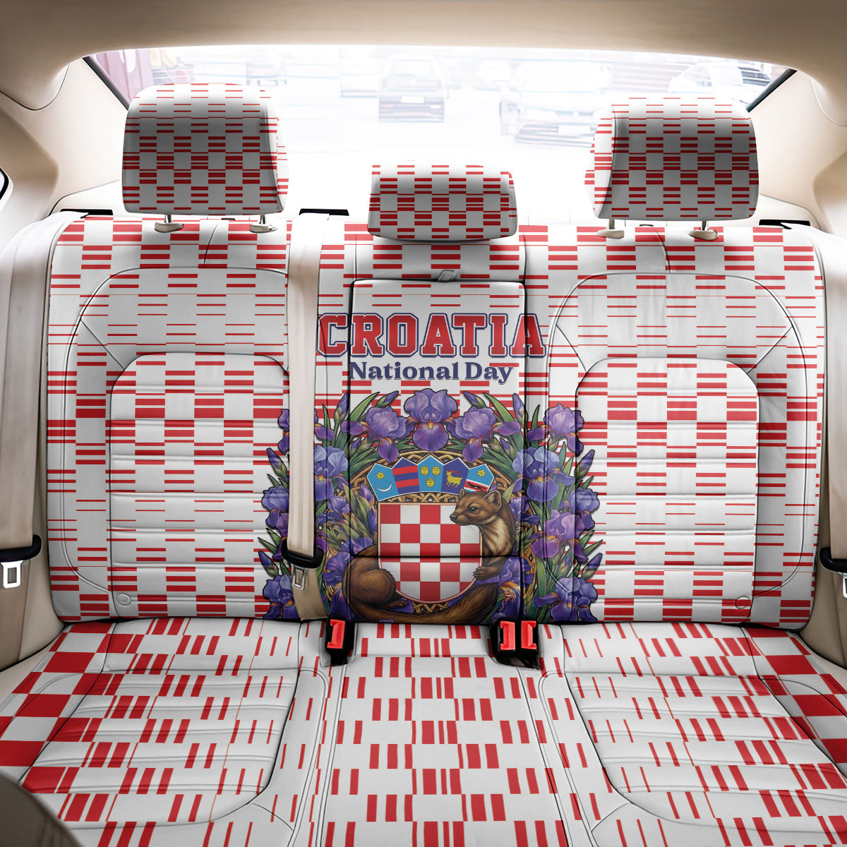 Croatia National Day Back Car Seat Cover Croatian Kuna Heritage Iris Floral