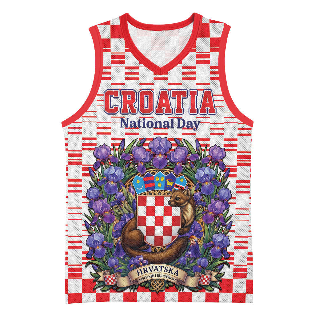 Personalized Croatia National Day Basketball Jersey Croatian Kuna Heritage Iris Floral
