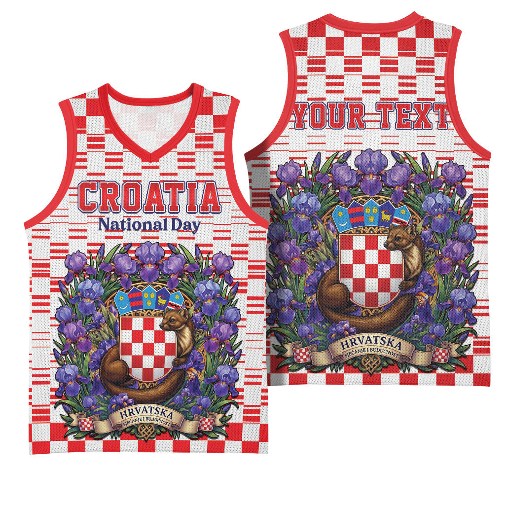 Personalized Croatia National Day Basketball Jersey Croatian Kuna Heritage Iris Floral