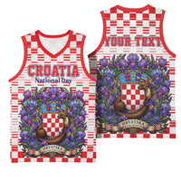 Personalized Croatia National Day Basketball Jersey Croatian Kuna Heritage Iris Floral