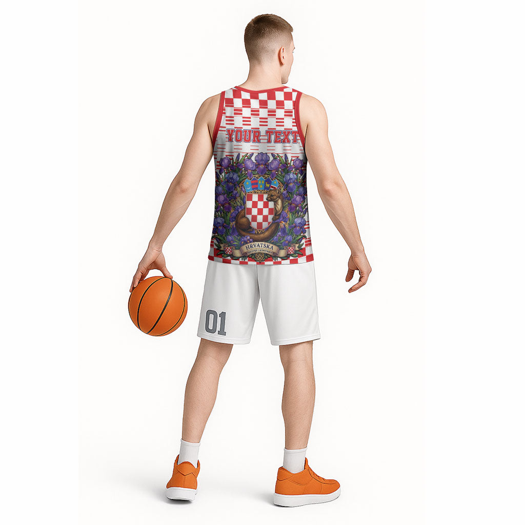 Personalized Croatia National Day Basketball Jersey Croatian Kuna Heritage Iris Floral