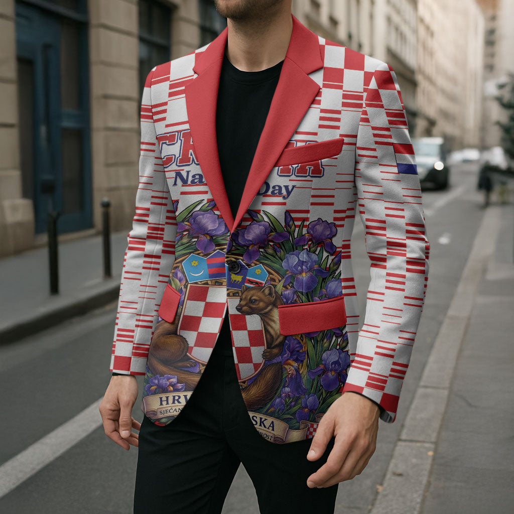 Personalized Croatia National Day Blazer Croatian Kuna Heritage Iris Floral