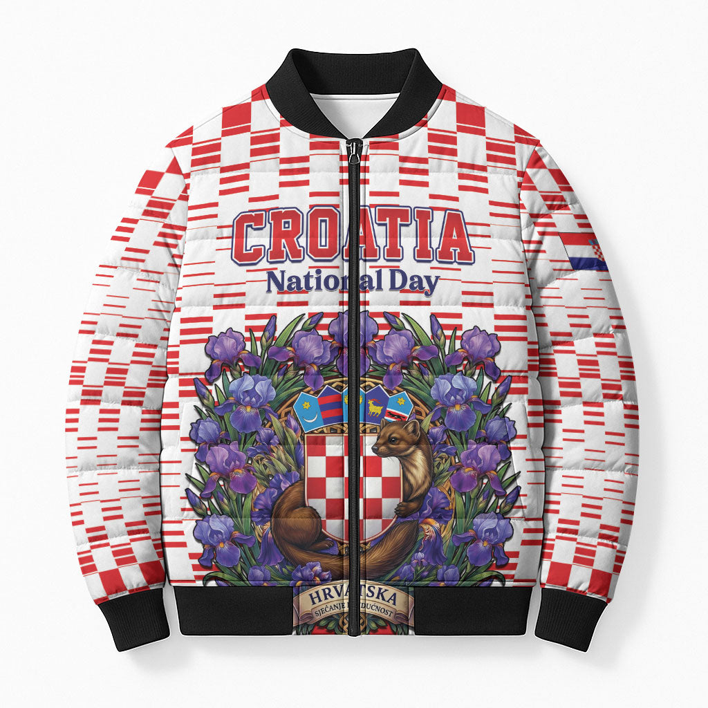 Personalized Croatia National Day Bomber Puffer Jacket Croatian Kuna Heritage Iris Floral