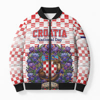 Personalized Croatia National Day Bomber Puffer Jacket Croatian Kuna Heritage Iris Floral