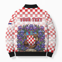 Personalized Croatia National Day Bomber Puffer Jacket Croatian Kuna Heritage Iris Floral