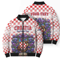 Personalized Croatia National Day Bomber Puffer Jacket Croatian Kuna Heritage Iris Floral