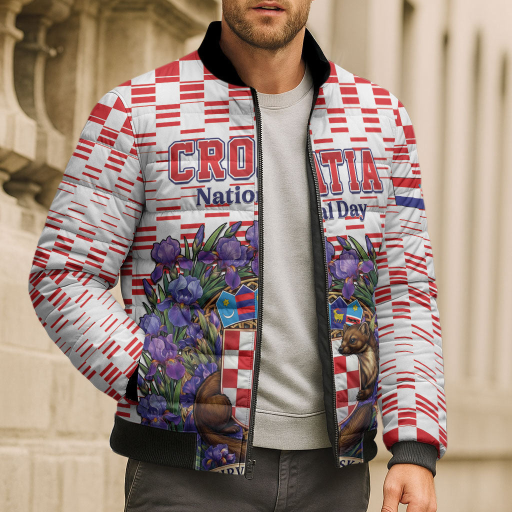 Personalized Croatia National Day Bomber Puffer Jacket Croatian Kuna Heritage Iris Floral