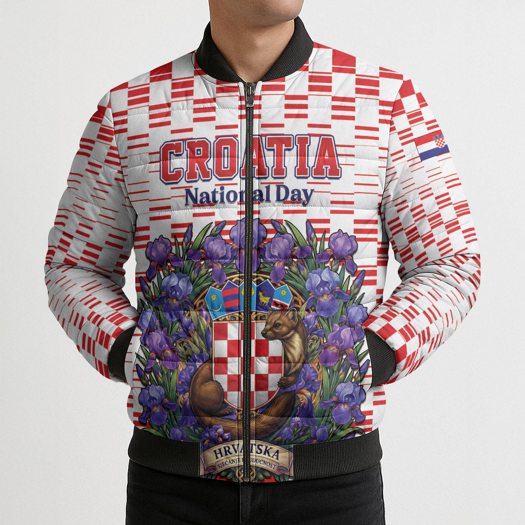 Personalized Croatia National Day Bomber Puffer Jacket Croatian Kuna Heritage Iris Floral