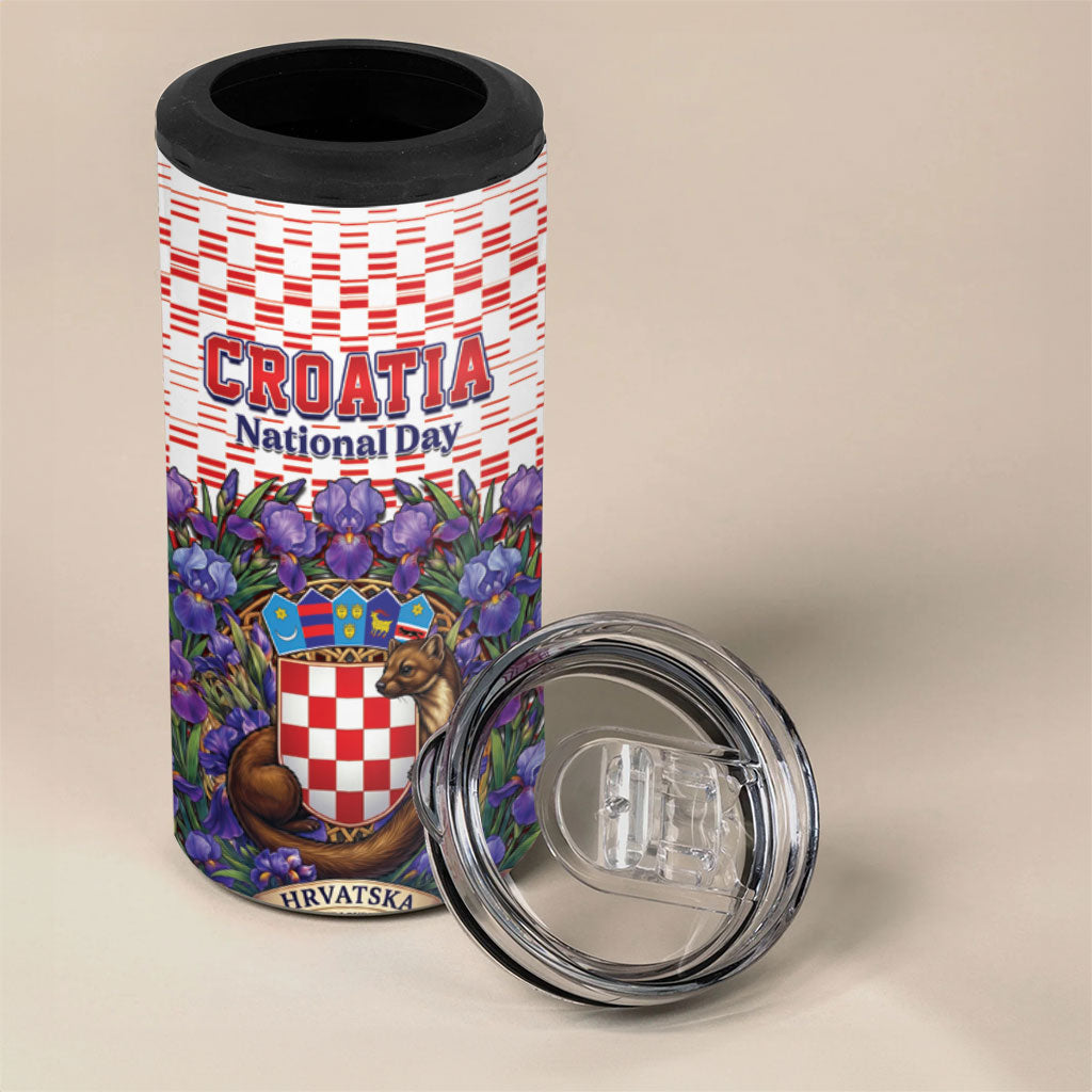 Personalized Croatia National Day 4 in 1 Can Cooler Tumbler Croatian Kuna Heritage Iris Floral