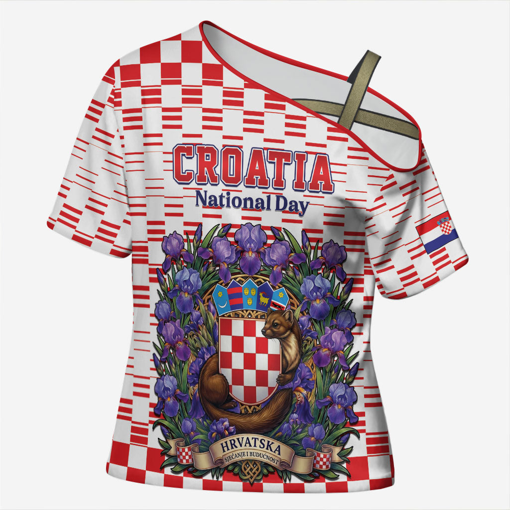 Personalized Croatia National Day Cross Shoulder Shirt Croatian Kuna Heritage Iris Floral