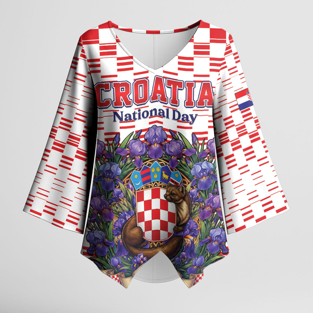 Personalized Croatia National Day Kimono Sleeve Blouse Croatian Kuna Heritage Iris Floral