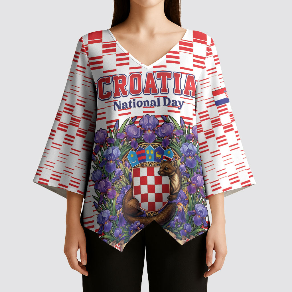 Personalized Croatia National Day Kimono Sleeve Blouse Croatian Kuna Heritage Iris Floral