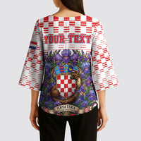 Personalized Croatia National Day Kimono Sleeve Blouse Croatian Kuna Heritage Iris Floral