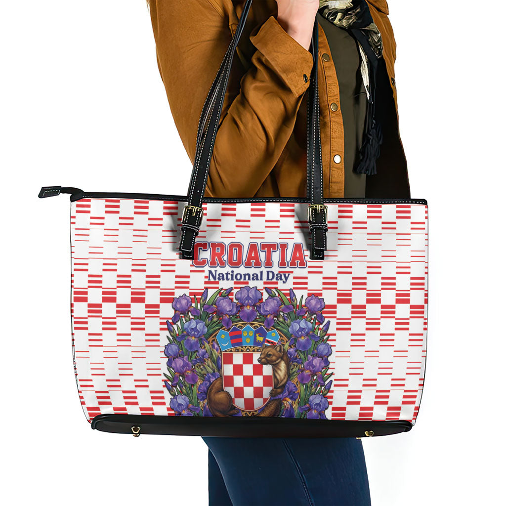 Croatia National Day Leather Tote Bag Croatian Kuna Heritage Iris Floral