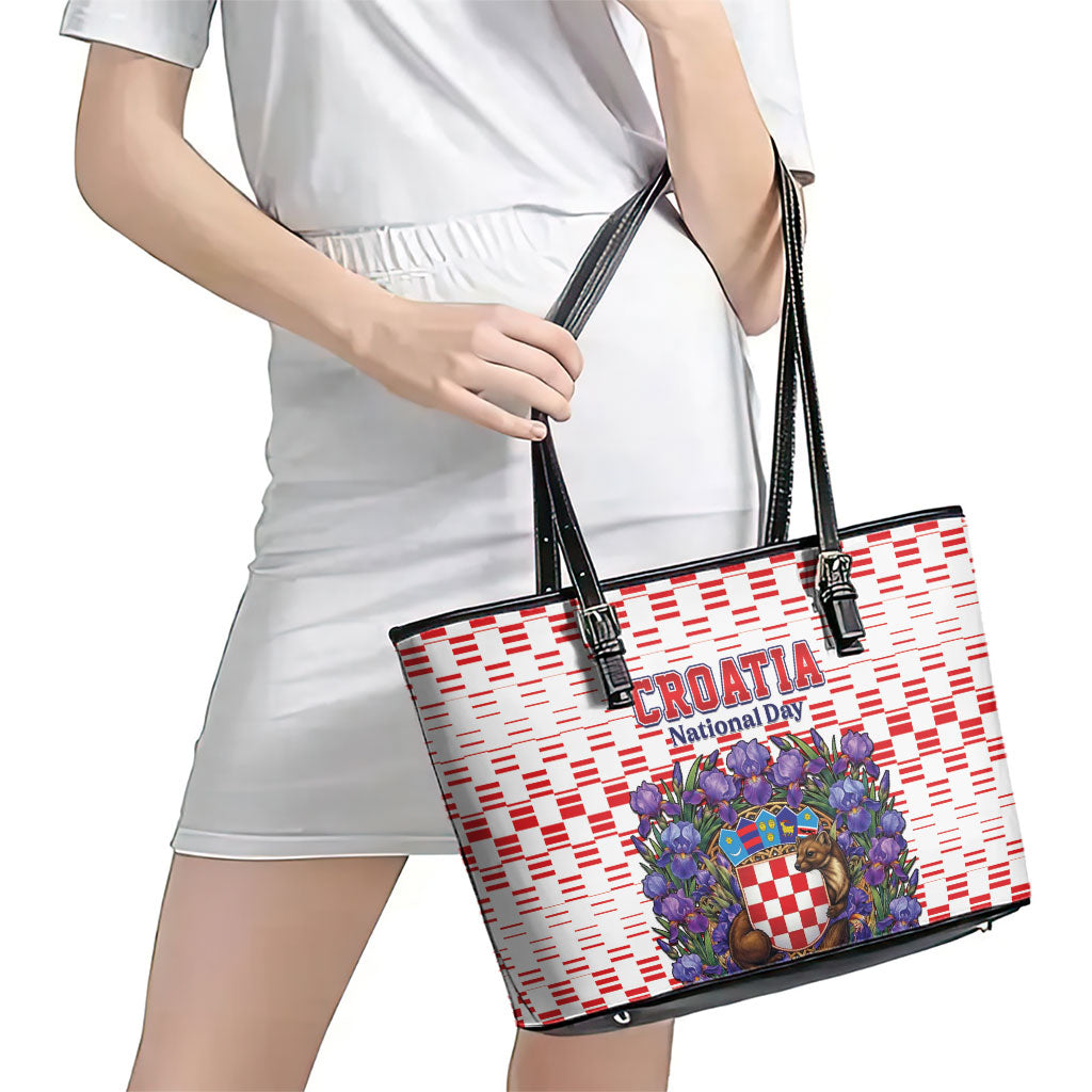 Croatia National Day Leather Tote Bag Croatian Kuna Heritage Iris Floral