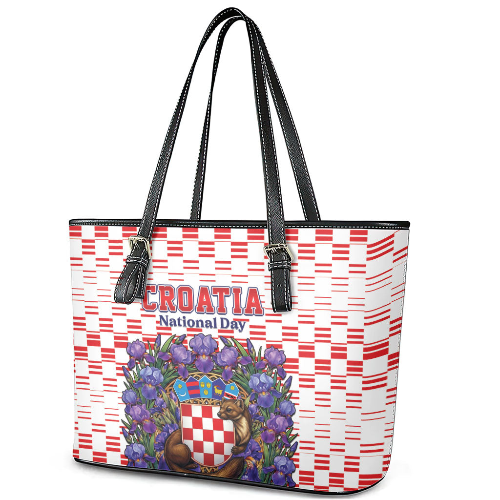 Croatia National Day Leather Tote Bag Croatian Kuna Heritage Iris Floral