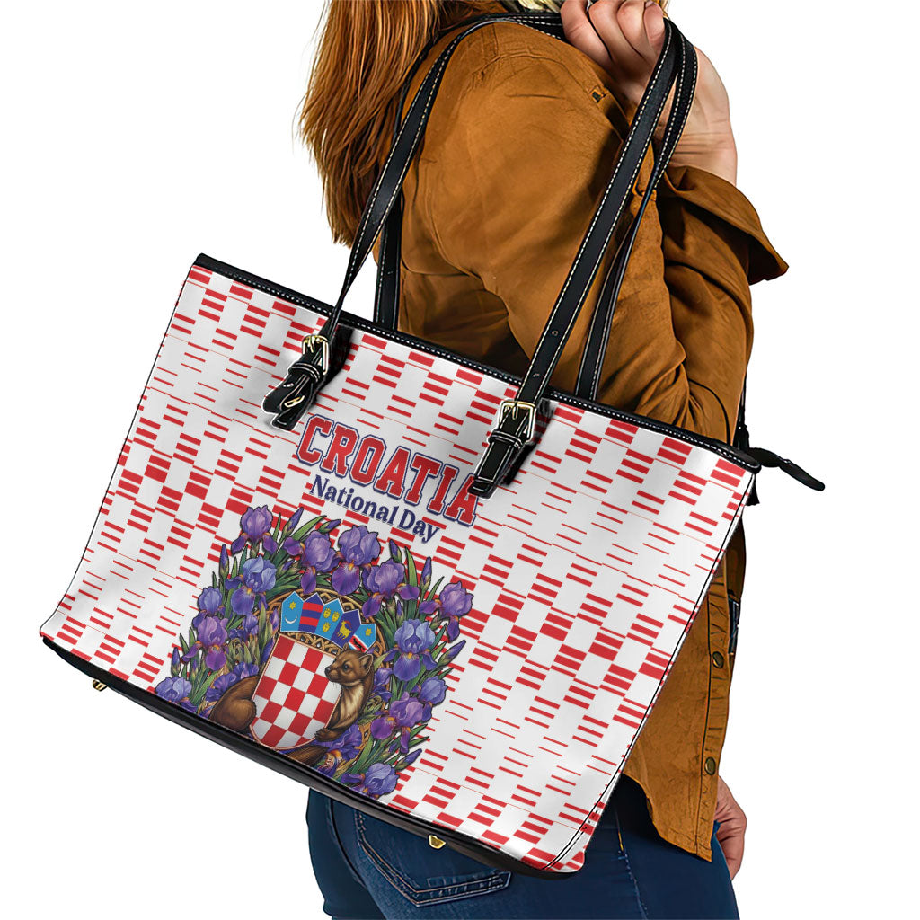 Croatia National Day Leather Tote Bag Croatian Kuna Heritage Iris Floral