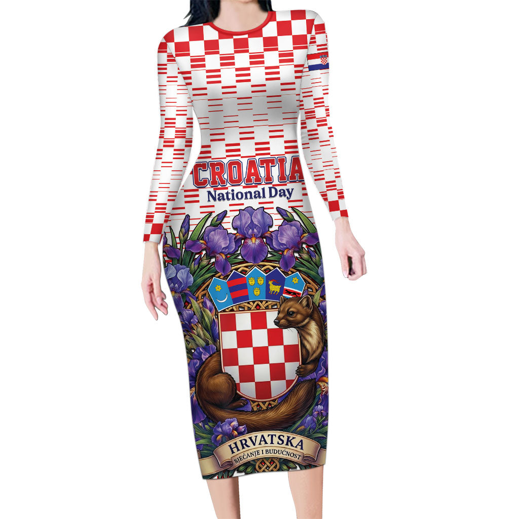 Personalized Croatia National Day Long Sleeve Bodycon Dress Croatian Kuna Heritage Iris Floral