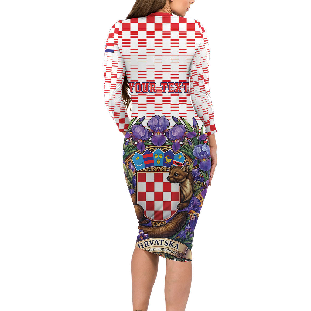 Personalized Croatia National Day Long Sleeve Bodycon Dress Croatian Kuna Heritage Iris Floral