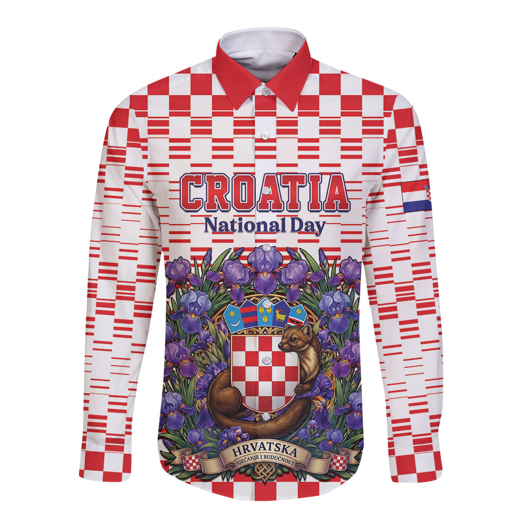Personalized Croatia National Day Long Sleeve Button Shirt Croatian Kuna Heritage Iris Floral