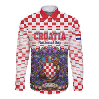 Personalized Croatia National Day Long Sleeve Button Shirt Croatian Kuna Heritage Iris Floral