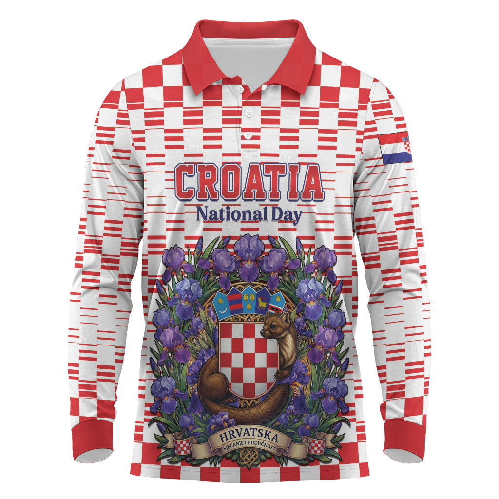 Personalized Croatia National Day Long Sleeve Polo Shirt Croatian Kuna Heritage Iris Floral