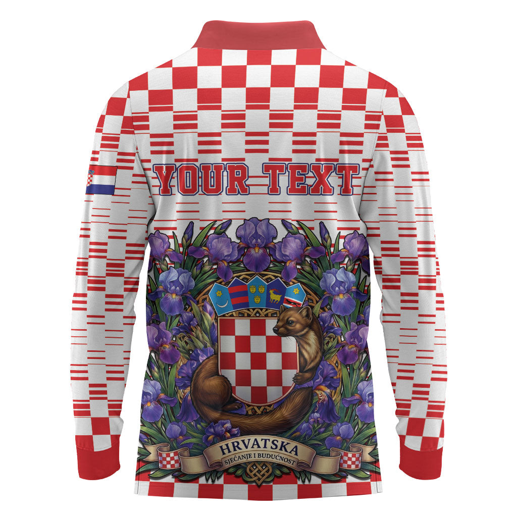 Personalized Croatia National Day Long Sleeve Polo Shirt Croatian Kuna Heritage Iris Floral