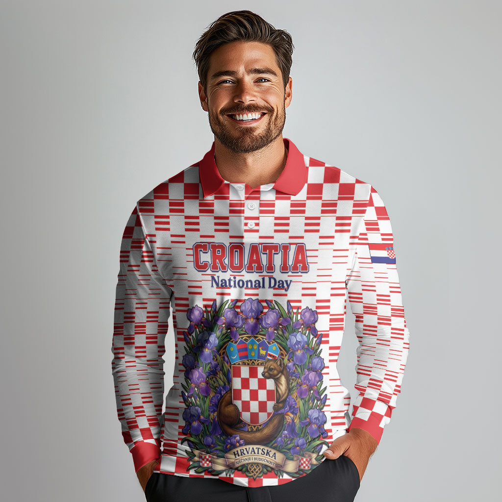 Personalized Croatia National Day Long Sleeve Polo Shirt Croatian Kuna Heritage Iris Floral